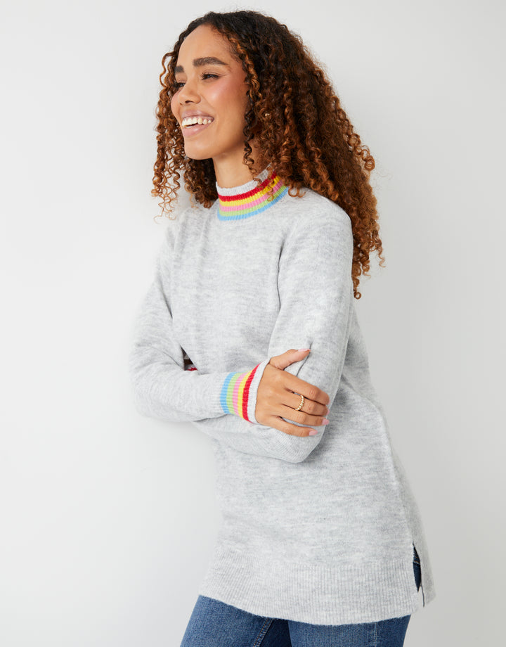 Grey Colour Trim High Neck Jumper
