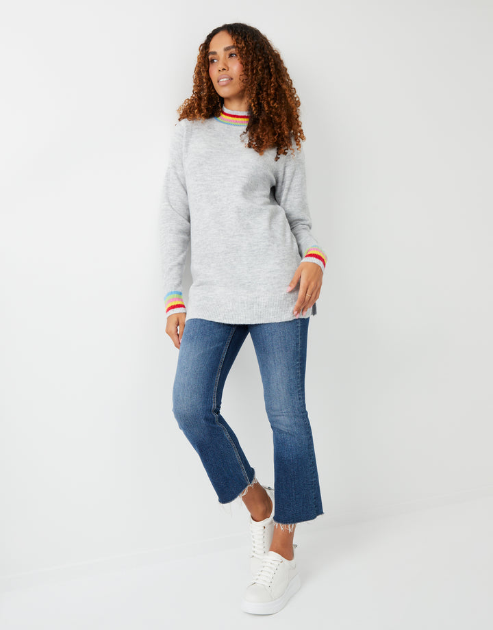 Grey Colour Trim High Neck Jumper