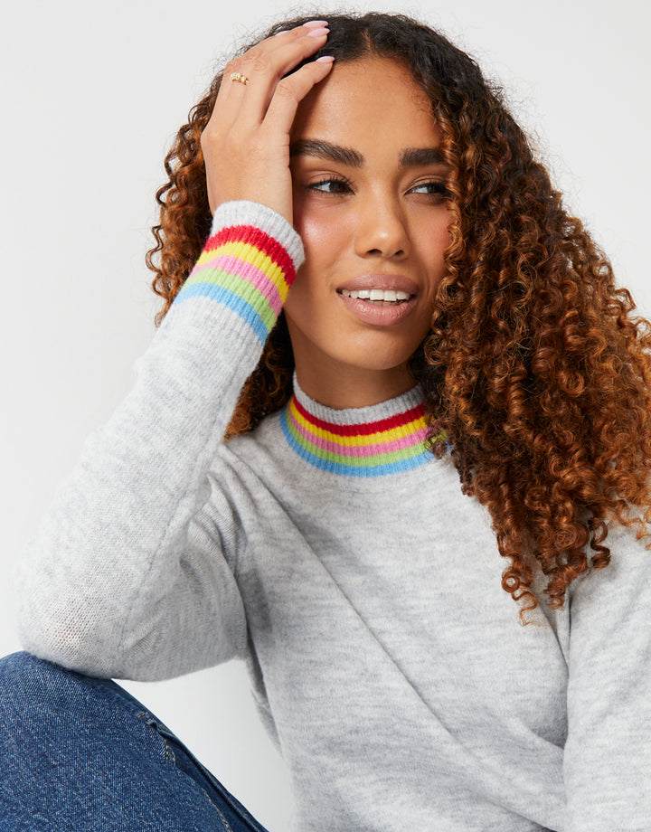 Grey Colour Trim High Neck Jumper