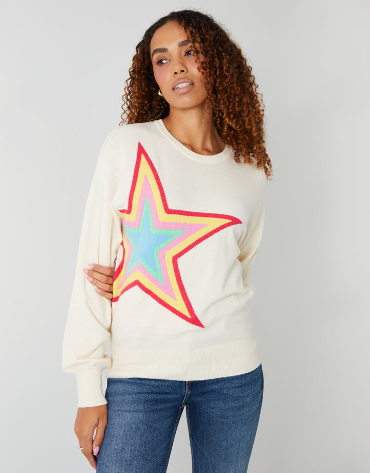 Cream Star Graphic Balloon Sleeve Jumper