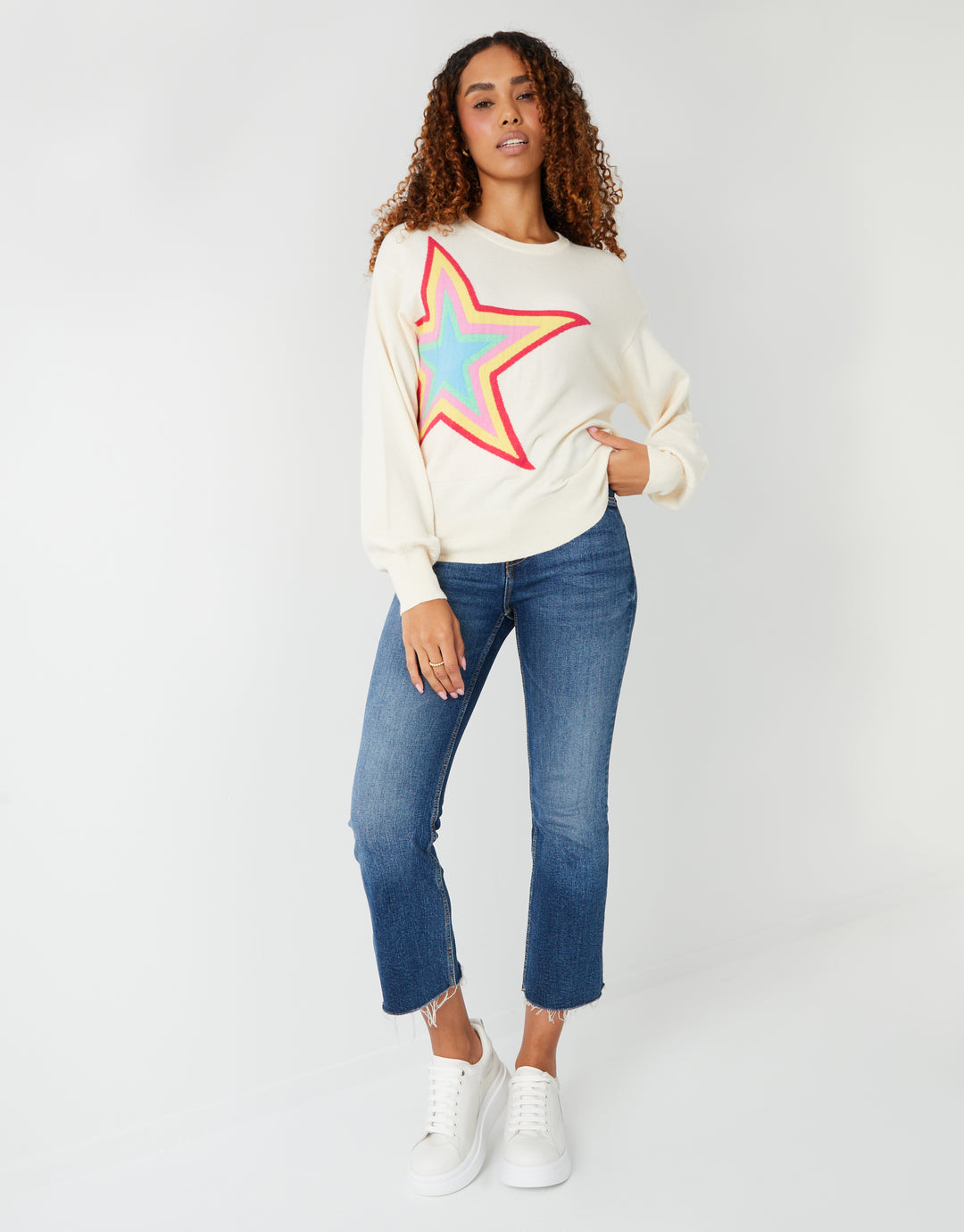 Cream Star Graphic Balloon Sleeve Jumper