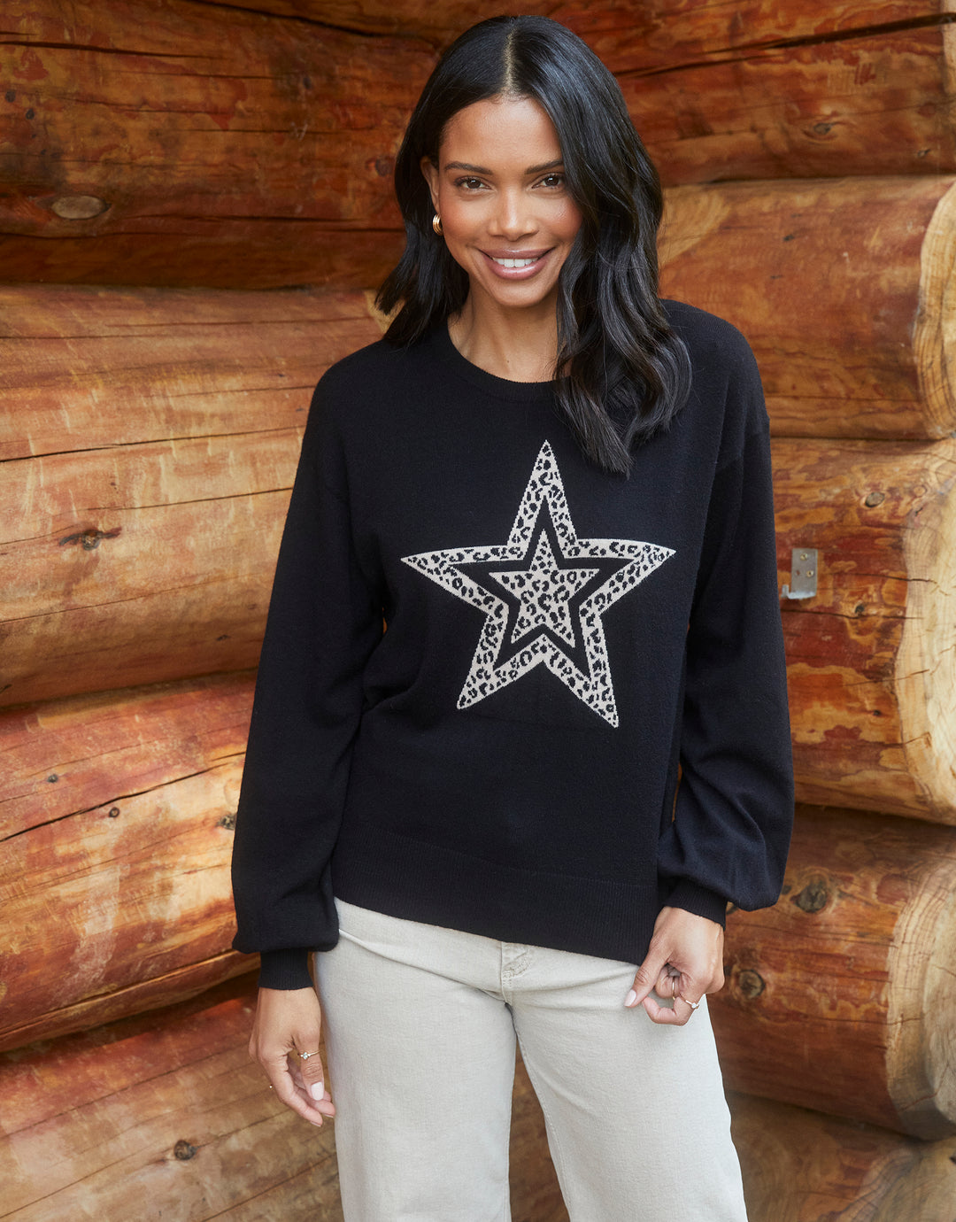 Black Leopard Print Star Balloon Sleeve Jumper