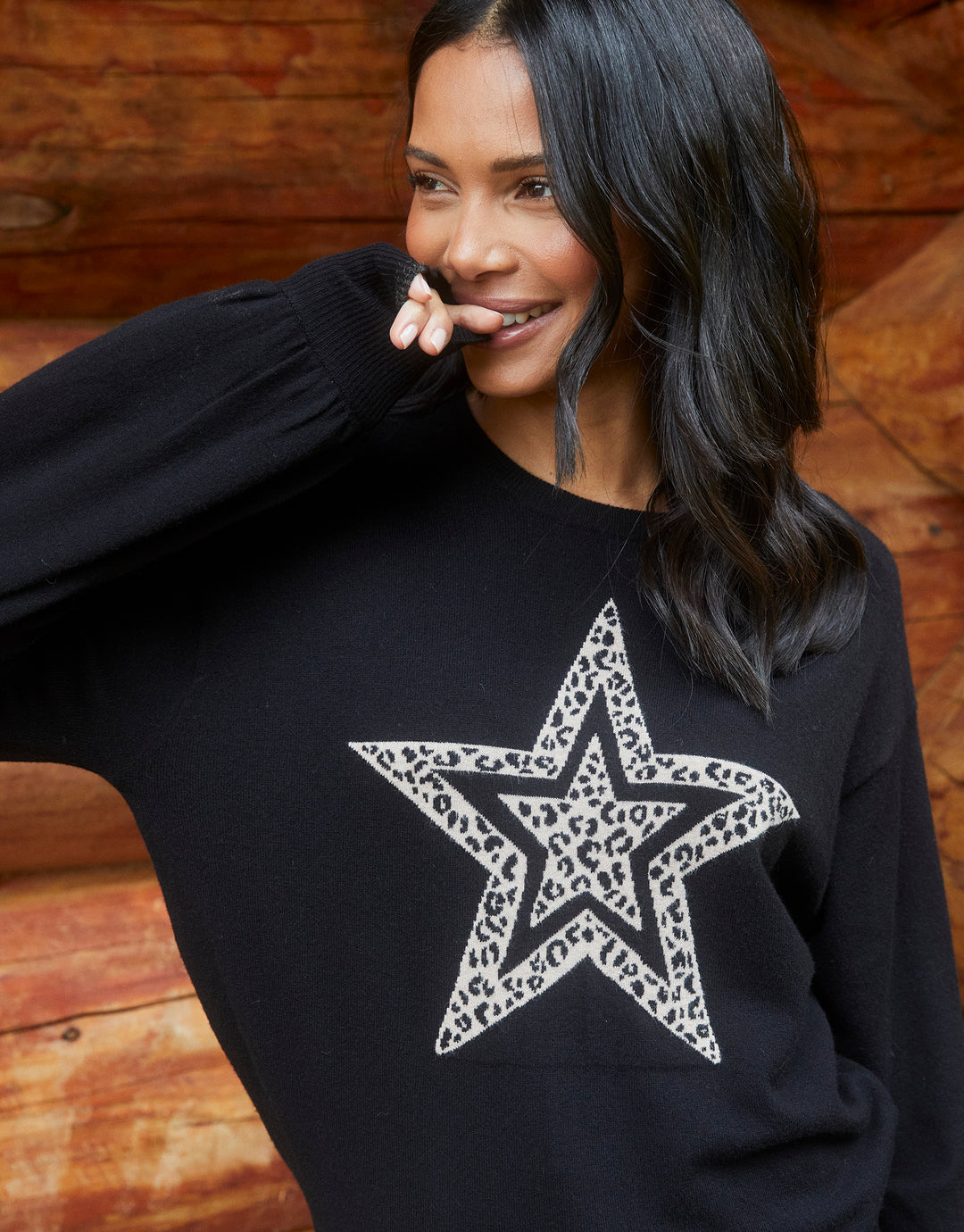 Black Leopard Print Star Balloon Sleeve Jumper