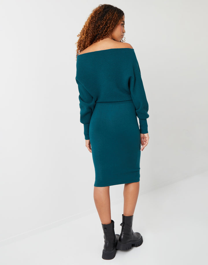 Teal Green Slash Neck Knitted Dress