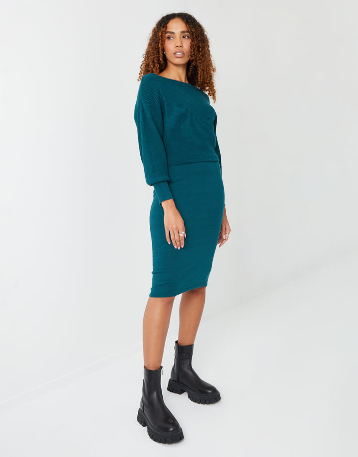 Teal Green Slash Neck Knitted Dress