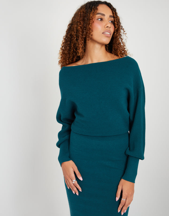 Teal Green Slash Neck Knitted Dress
