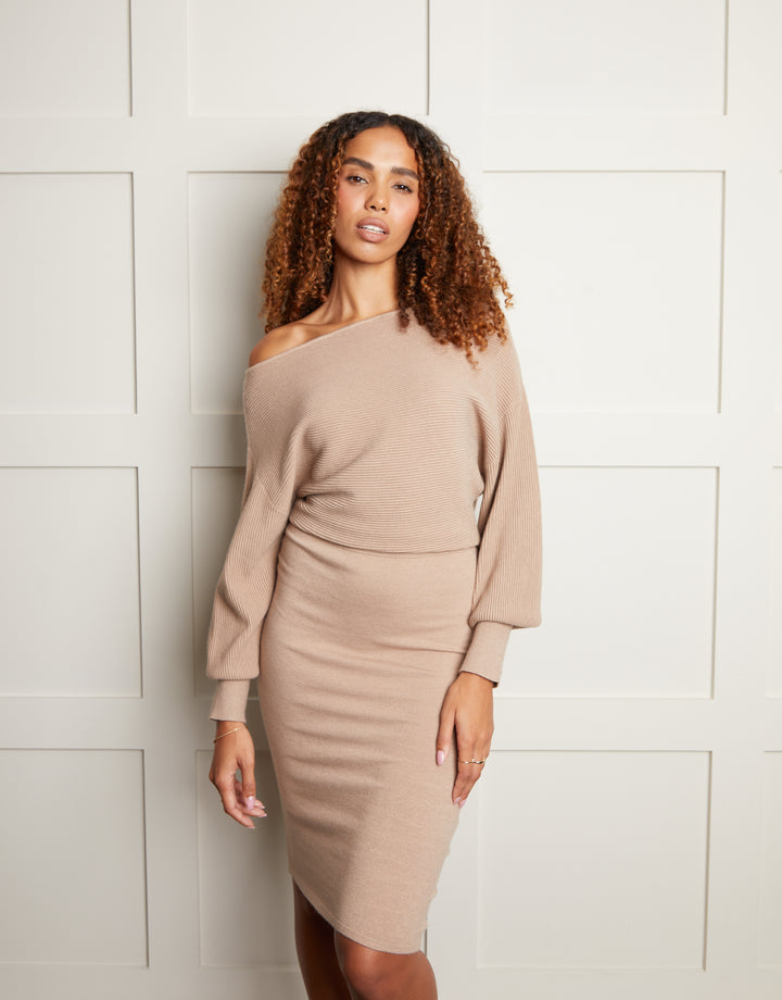 Camel Brown Slash Neck Knitted Dress