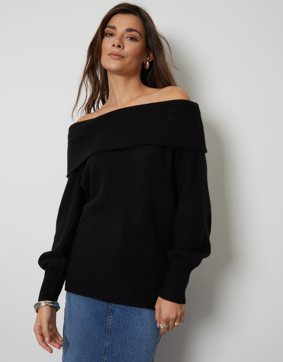 Black Off The Shoulder Bardot Jumper