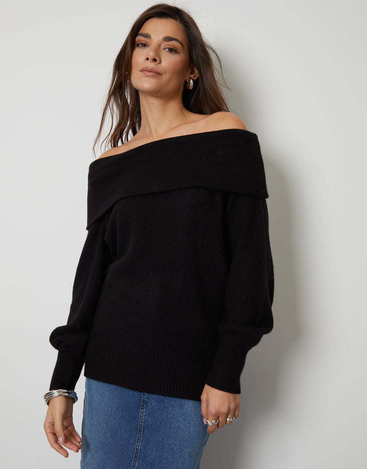Black Off The Shoulder Bardot Jumper