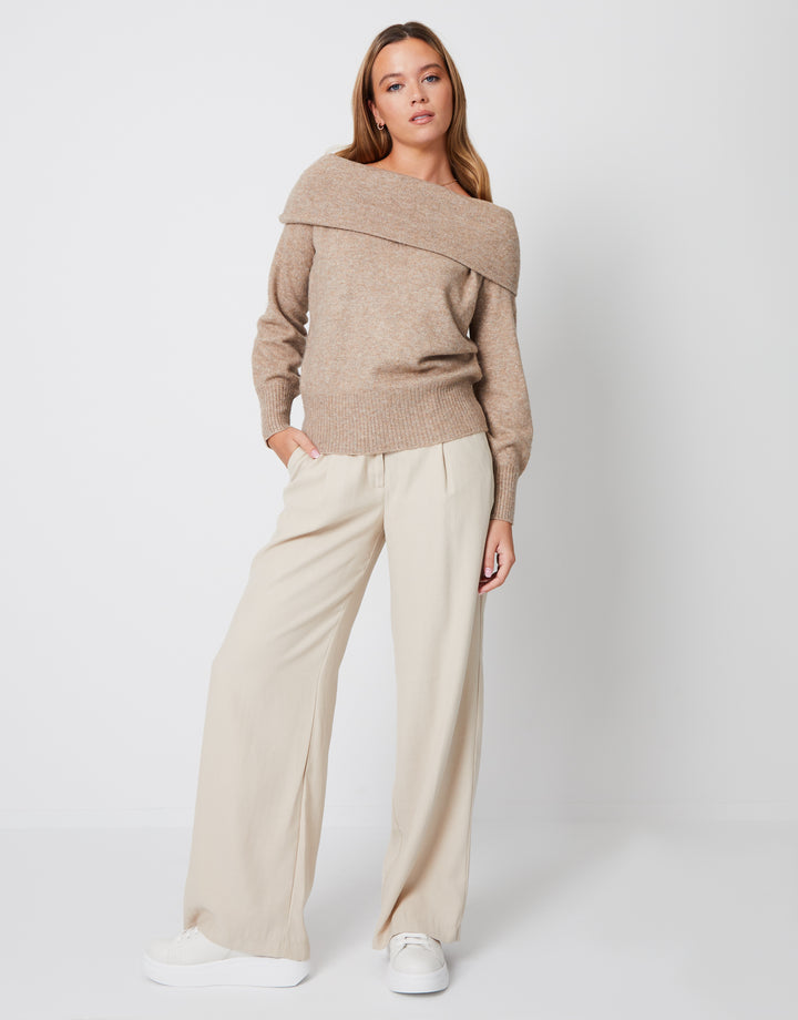 Beige Off The Shoulder Bardot Jumper