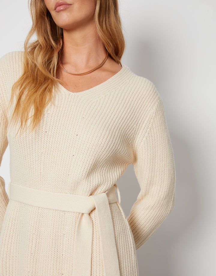 Cream V Neck Belted Knitted Dress