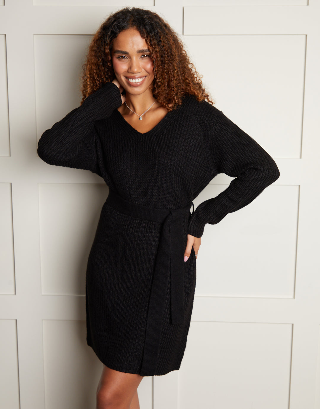 Threadbare Women's Black Long Sleeve V Neck Ladies' Belted Knitted Dress Threadbare Women's Black Long Sleeve V Neck Ladies' Belted Knitted Dress