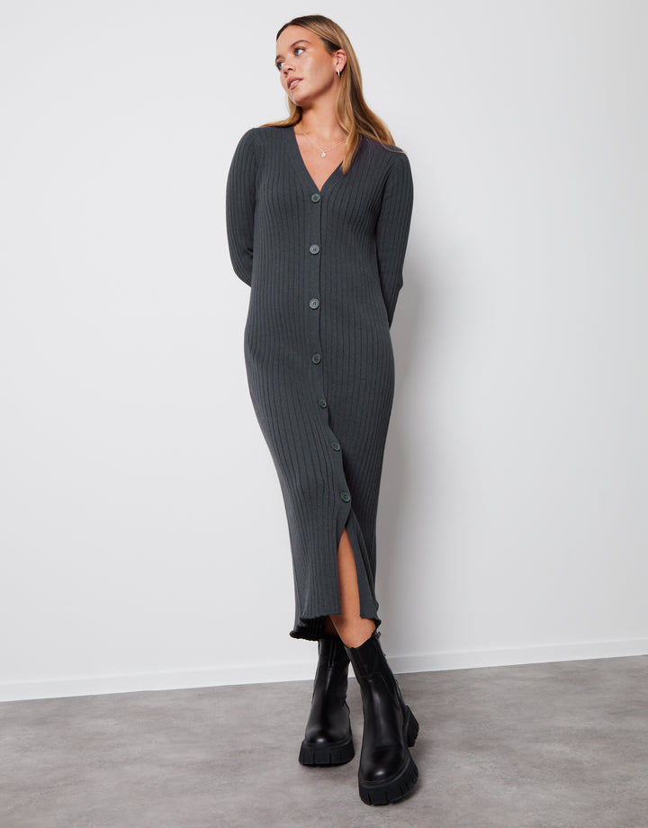 Grey Button Down Knitted Dress