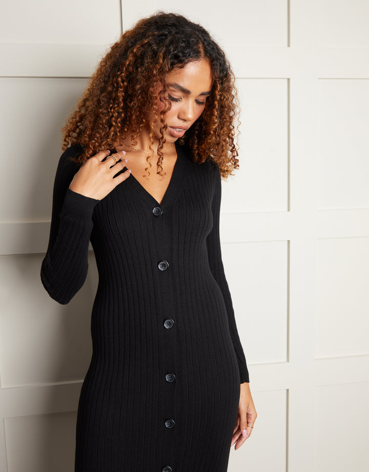 Black Button Down Knitted Dress