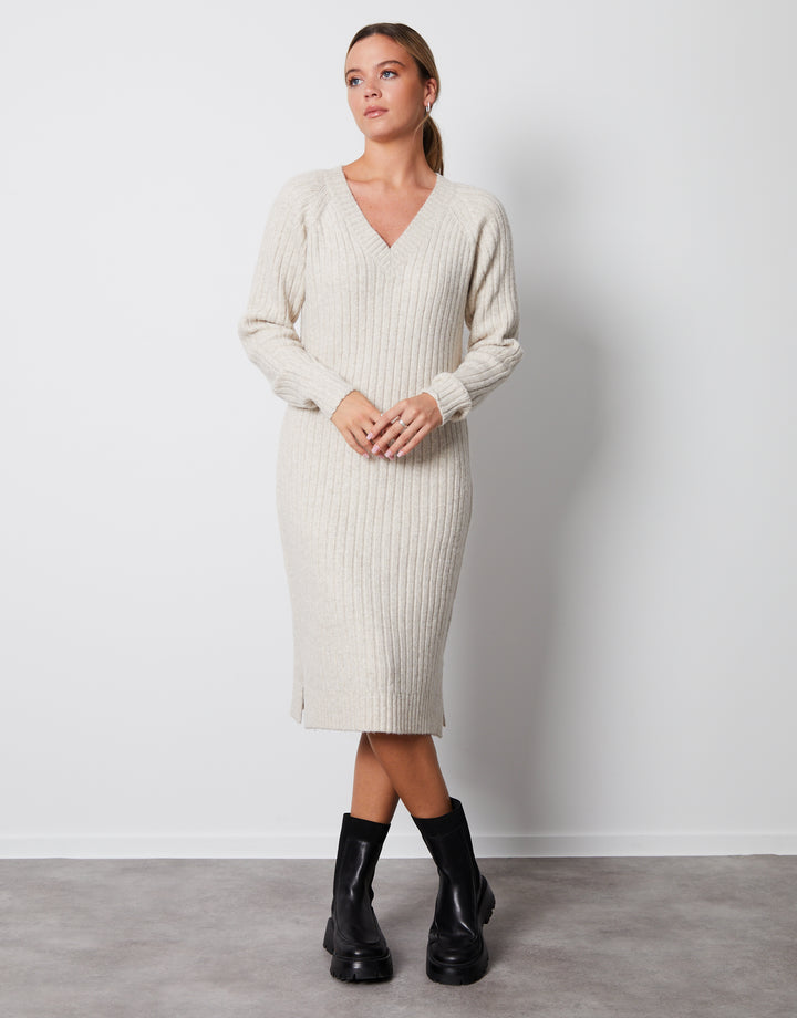 Cream V Neck Knitted Midi Dress