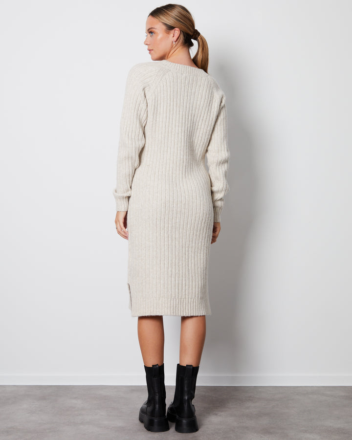 Cream V Neck Knitted Midi Dress