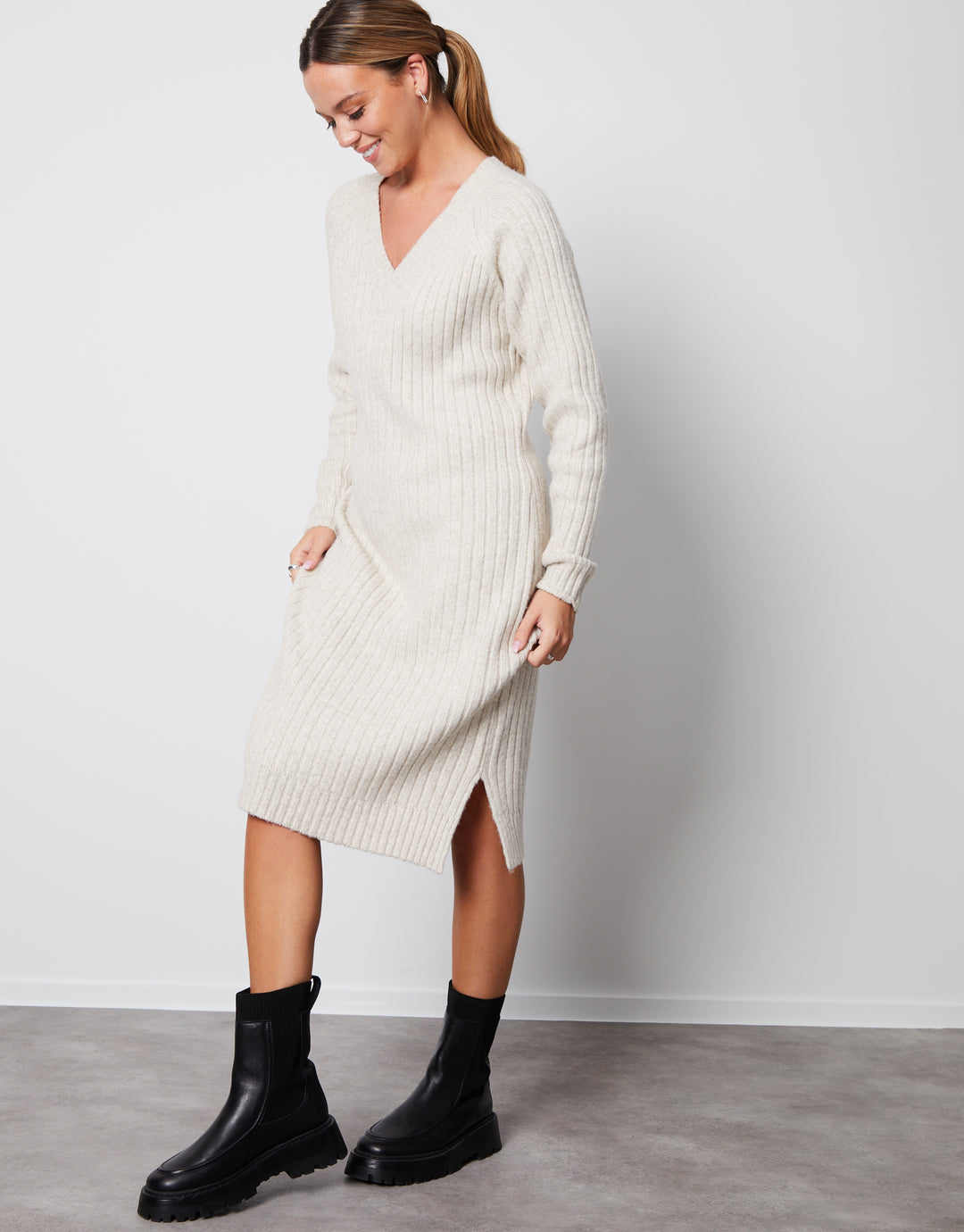 Cream V Neck Knitted Midi Dress