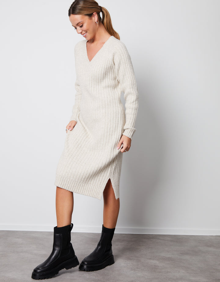 Cream V Neck Knitted Midi Dress