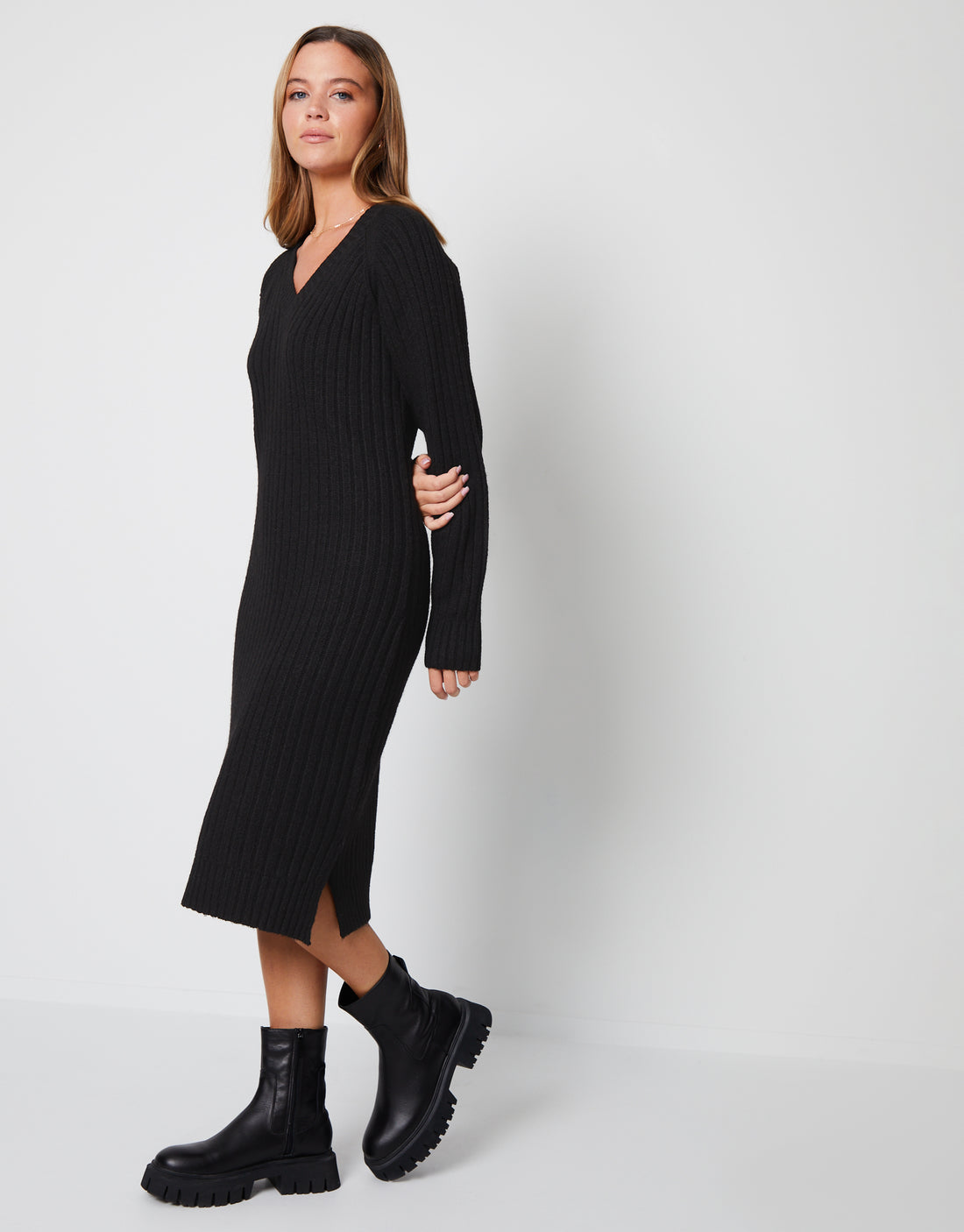 Women's Black V Neck Long Raglan Sleeve Knitted Ladies' Midi Dress ...