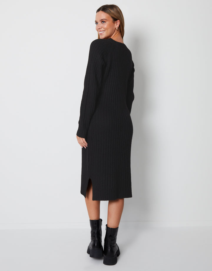Black V Neck Knitted Midi Dress