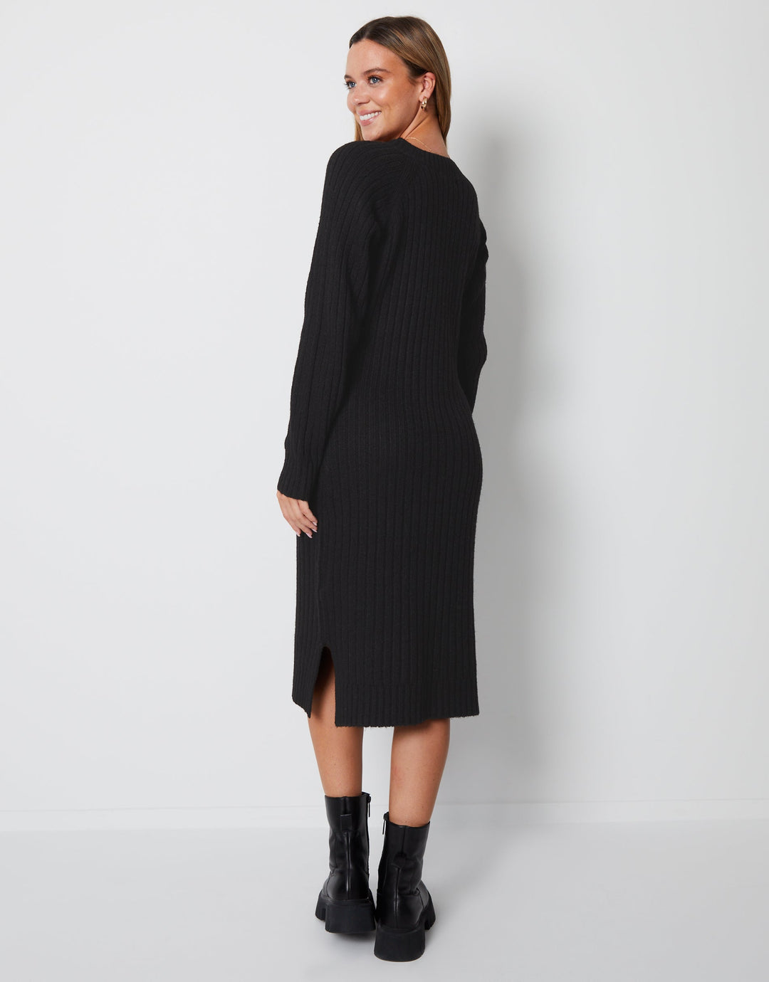 Petite Black V Neck Knitted Midi Dress