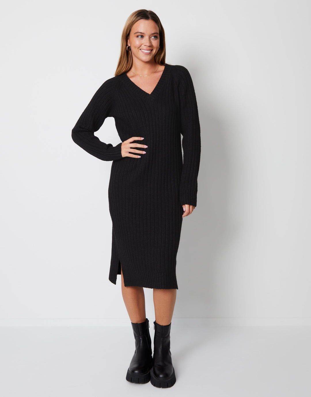 Threadbare Women's Petite Black V Neck Long Raglan Sleeve Knitted Ladies' Midi Dress Threadbare Women's Petite Black V Neck Long Raglan Sleeve Knitted Ladies' Midi Dress