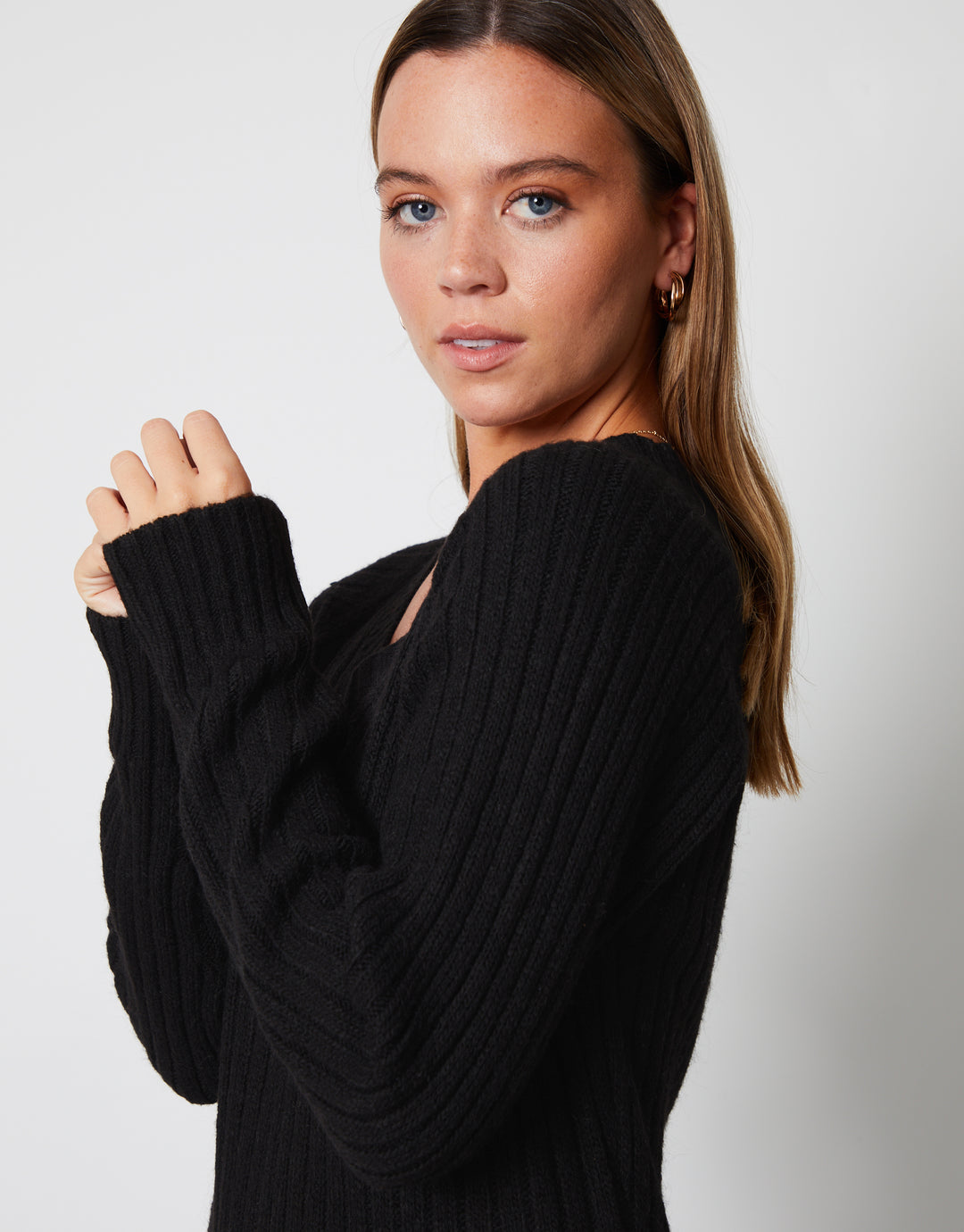 Black V Neck Knitted Midi Dress