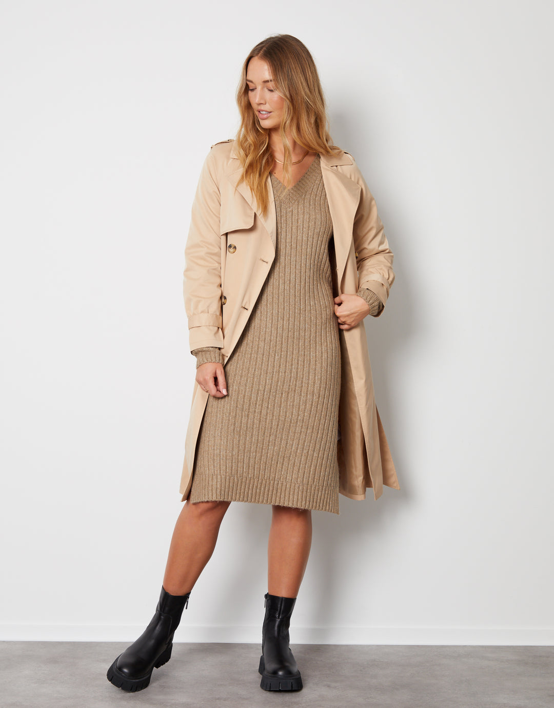 Camel Brown V Neck Knitted Midi Dress