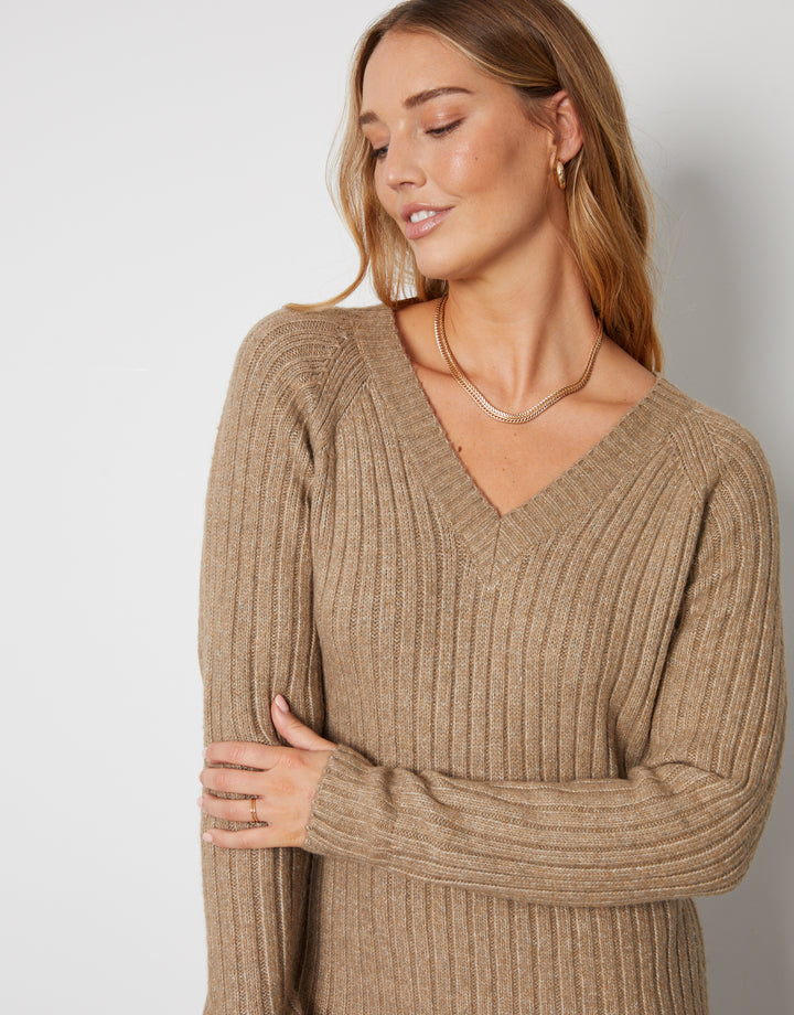 Camel Brown V Neck Knitted Midi Dress