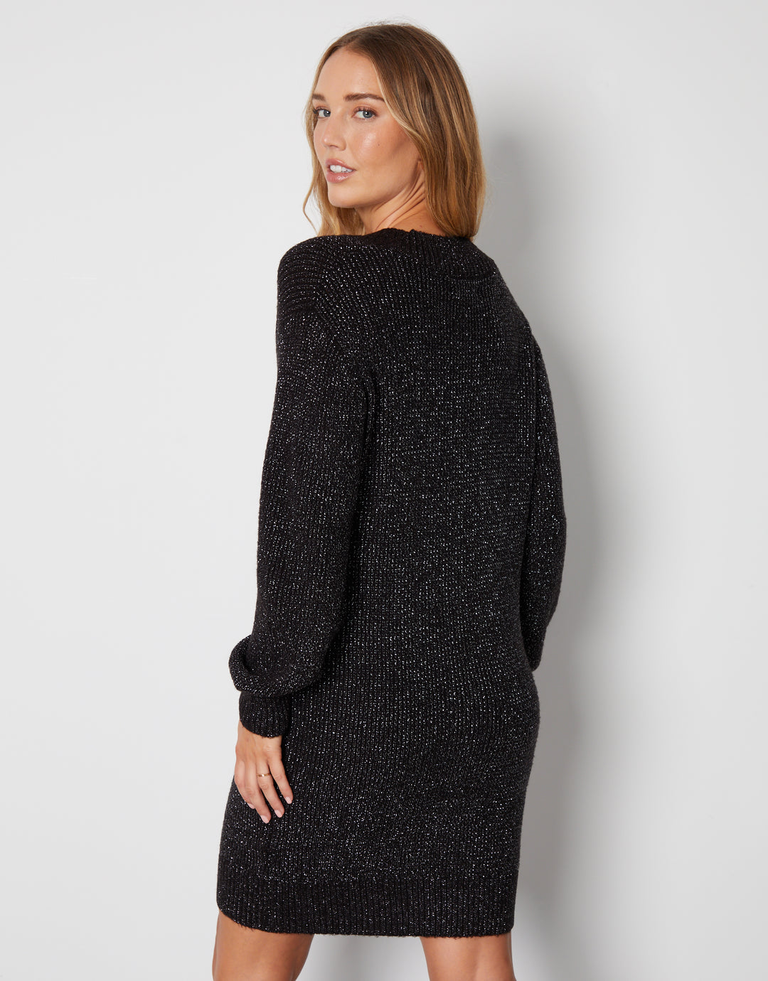 Black Metallic V-Neck Knitted Mini Jumper Dress