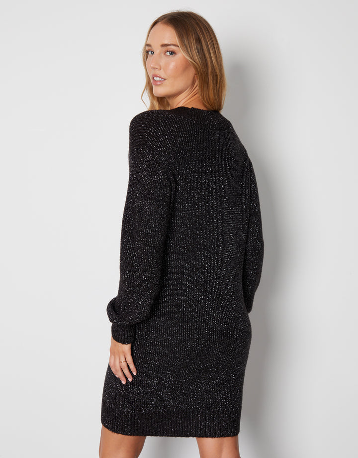 Black Metallic V-Neck Knitted Mini Jumper Dress