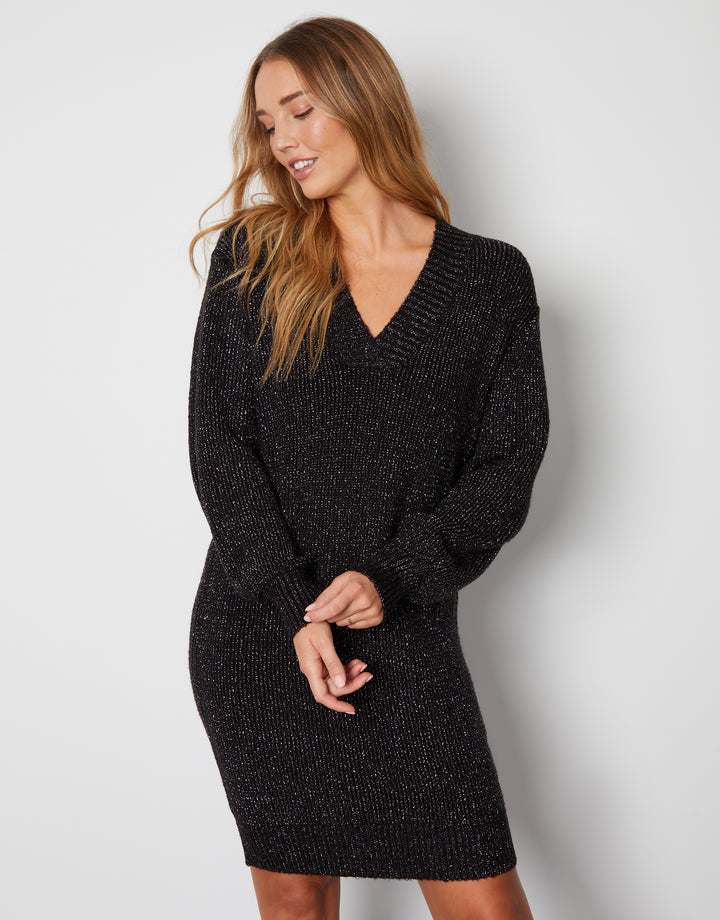 Black Metallic V-Neck Knitted Mini Jumper Dress