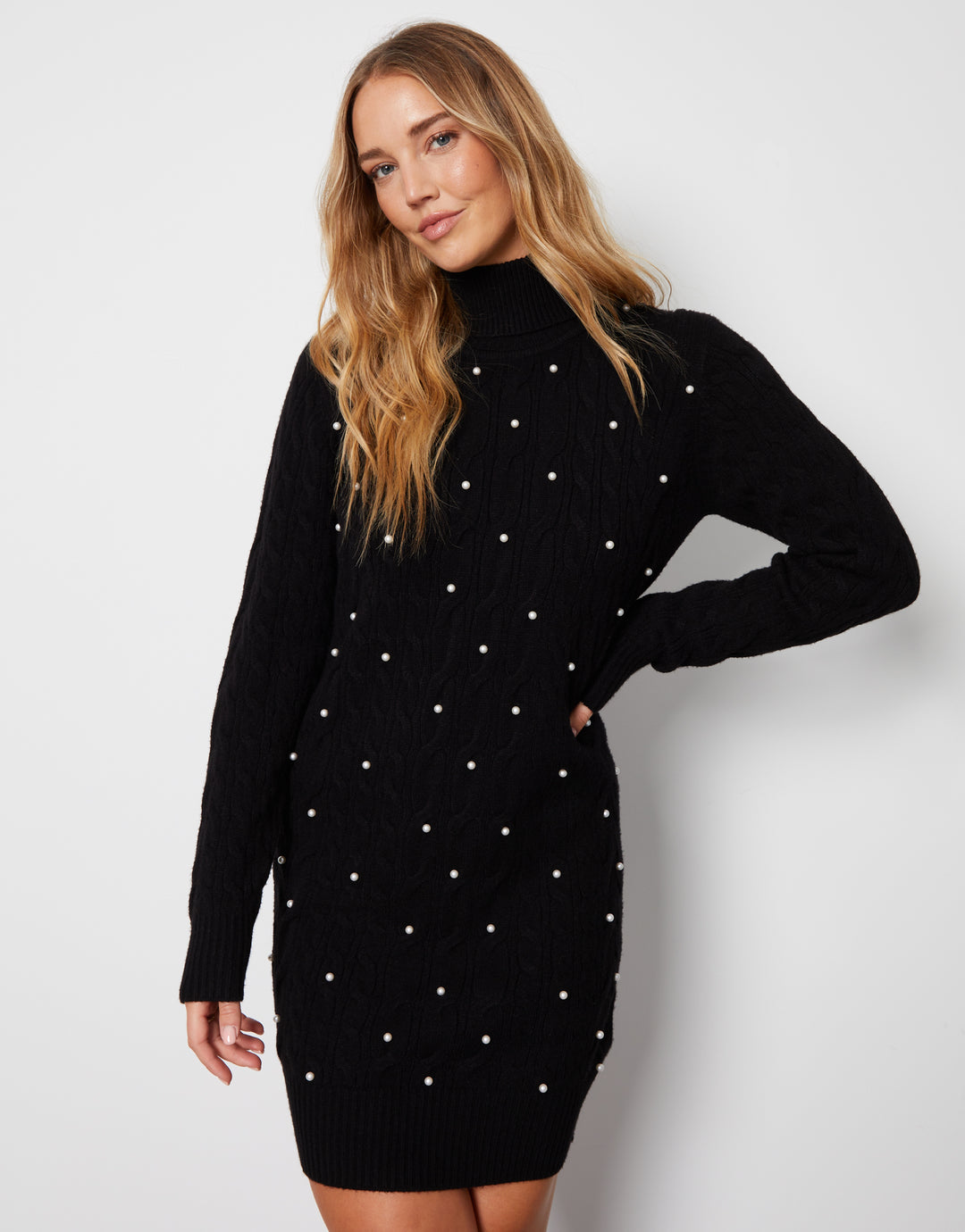 Threadbare Women's Black Pearl Detail Cable Knit Ladies' Jumper Dress