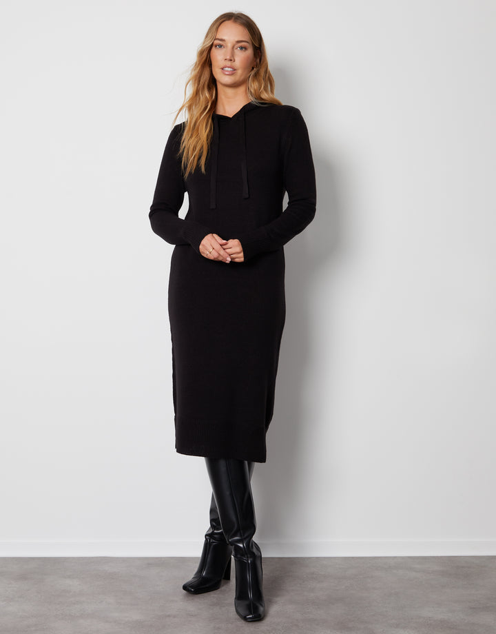 Black Knitted Hoodie Midi Dress