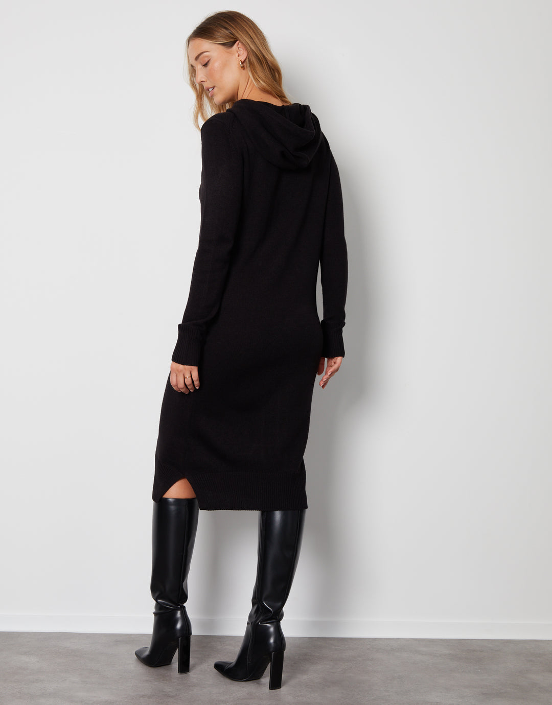 Black Knitted Hoodie Midi Dress