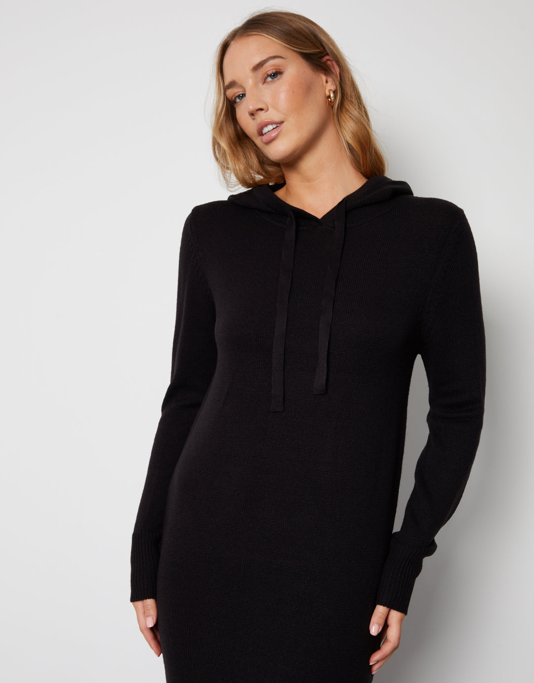 Black Knitted Hoodie Midi Dress