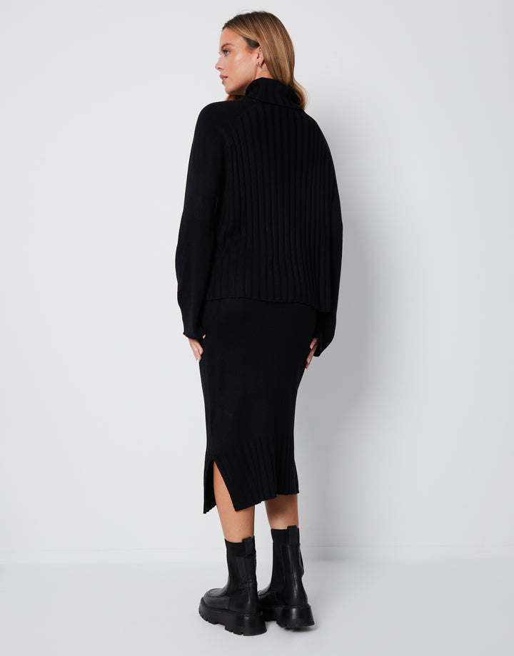 Black Roll Neck Jumper & Knitted Midi Skirt (2-Piece Set)