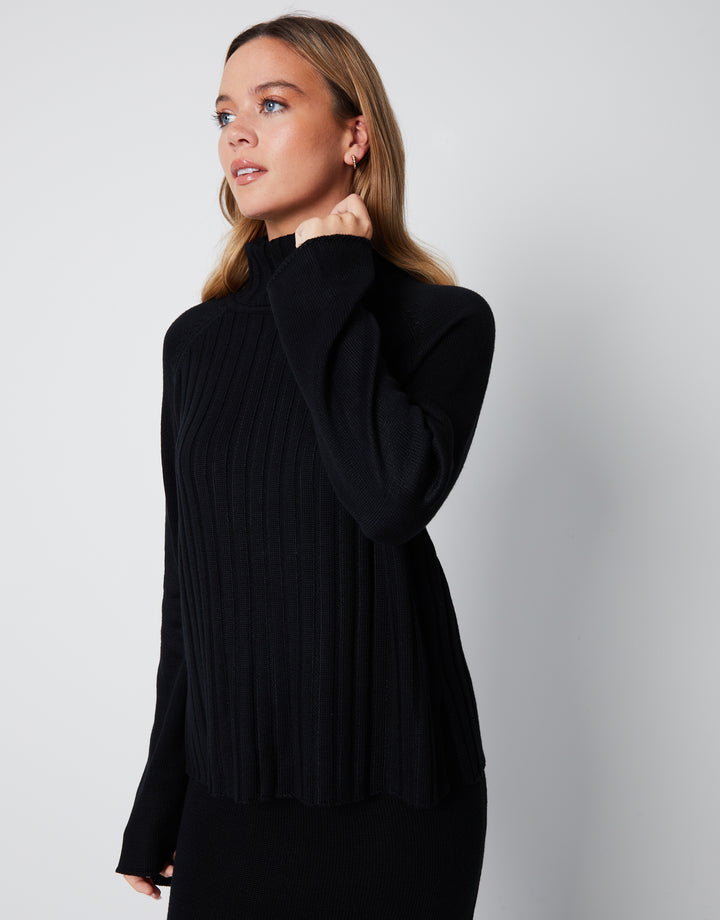 Black Roll Neck Jumper & Knitted Midi Skirt (2-Piece Set)