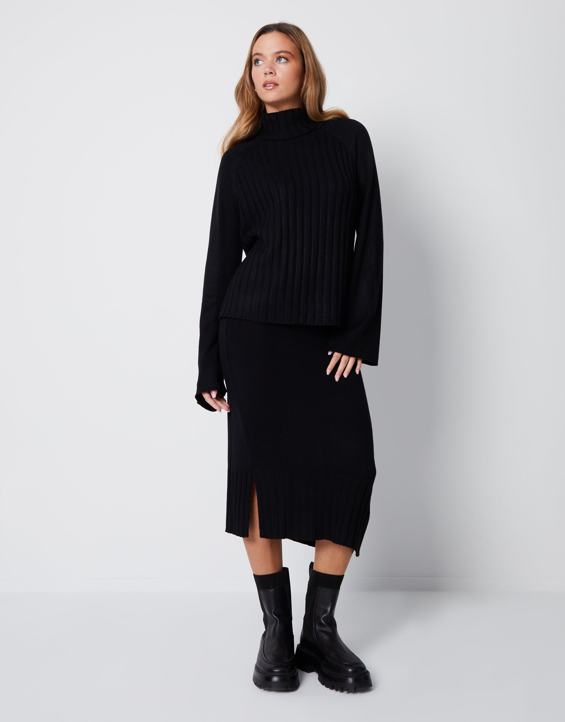 Threadbare Women's Black Roll Neck Jumper & Knitted Midi Skirt
