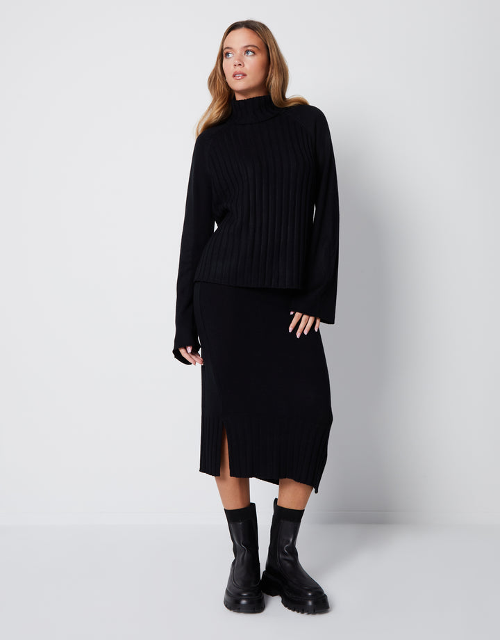 Black Roll Neck Jumper & Knitted Midi Skirt (2-Piece Set)