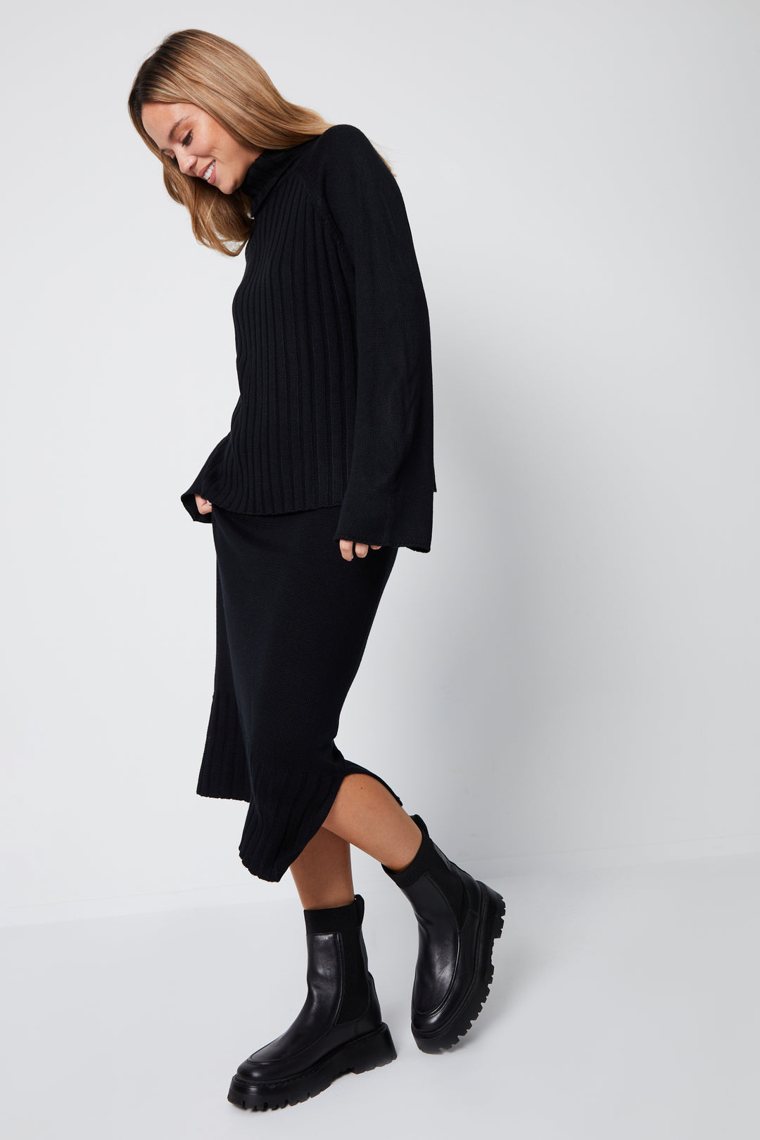 Black Roll Neck Jumper & Knitted Midi Skirt (2-Piece Set)
