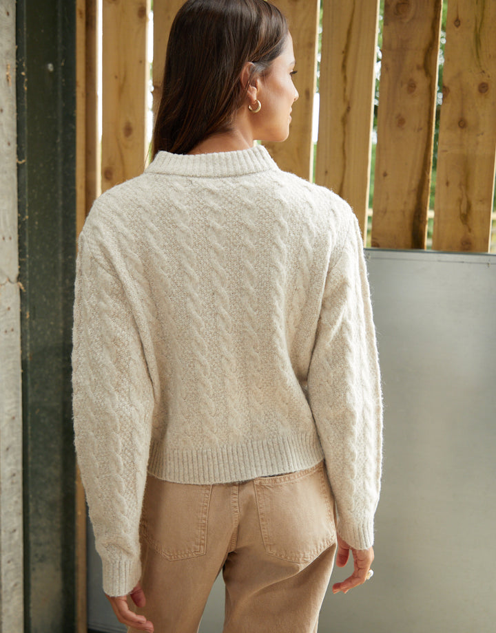 Beige Cable Knit Zip-Up Bomber Jacket