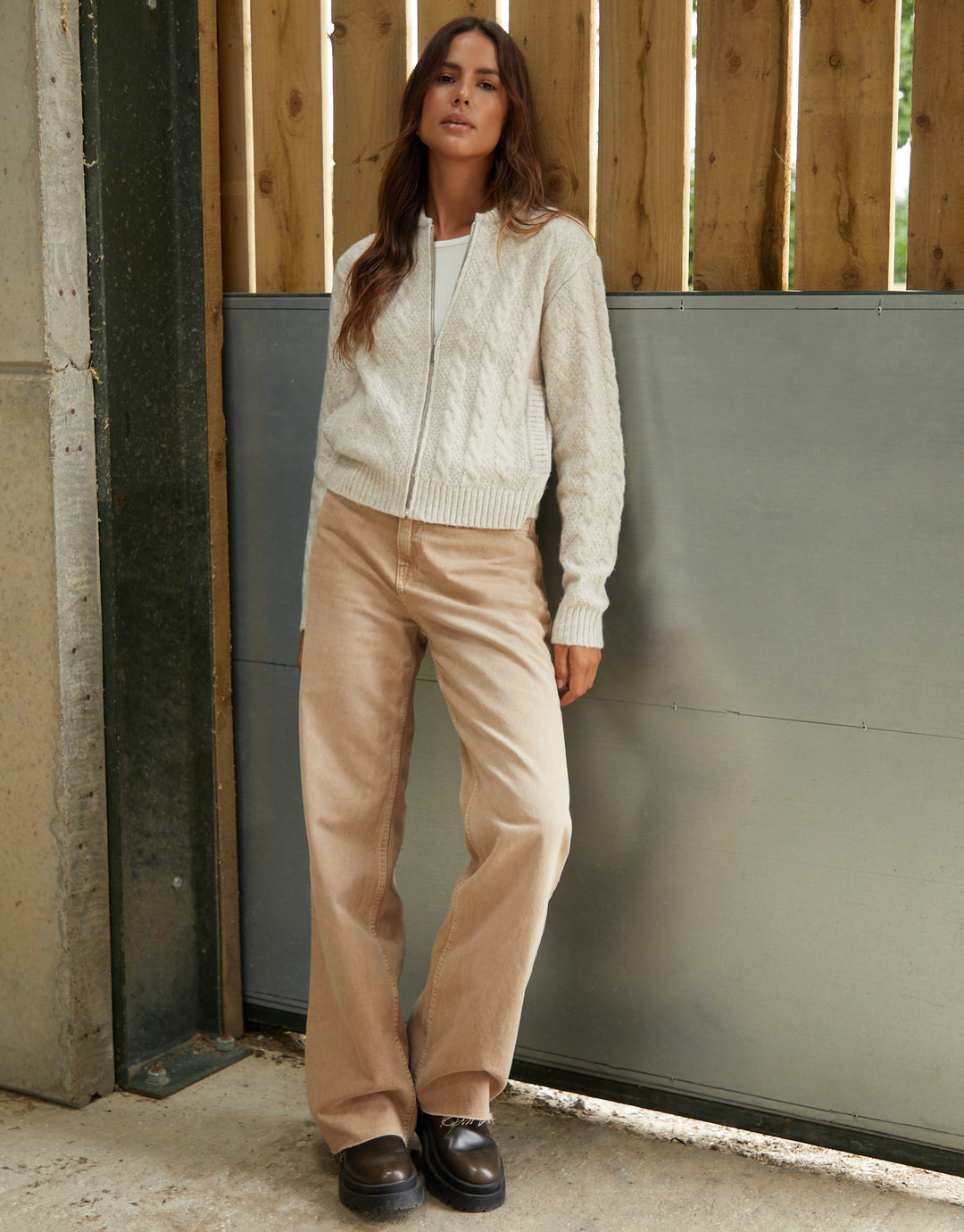 Beige Cable Knit Zip-Up Bomber Jacket