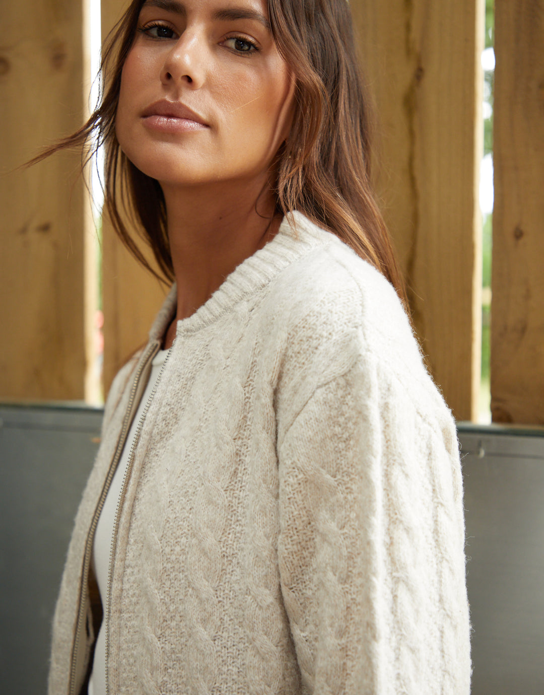 Beige Cable Knit Zip-Up Bomber Jacket