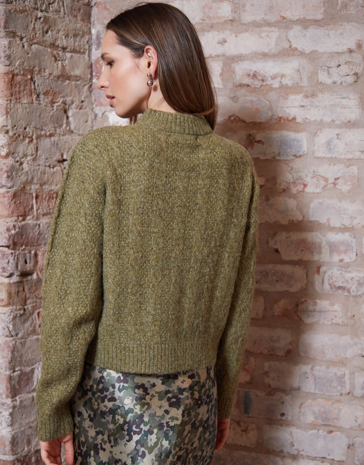 Khaki Green Cable Knit Zip-Up Bomber Jacket