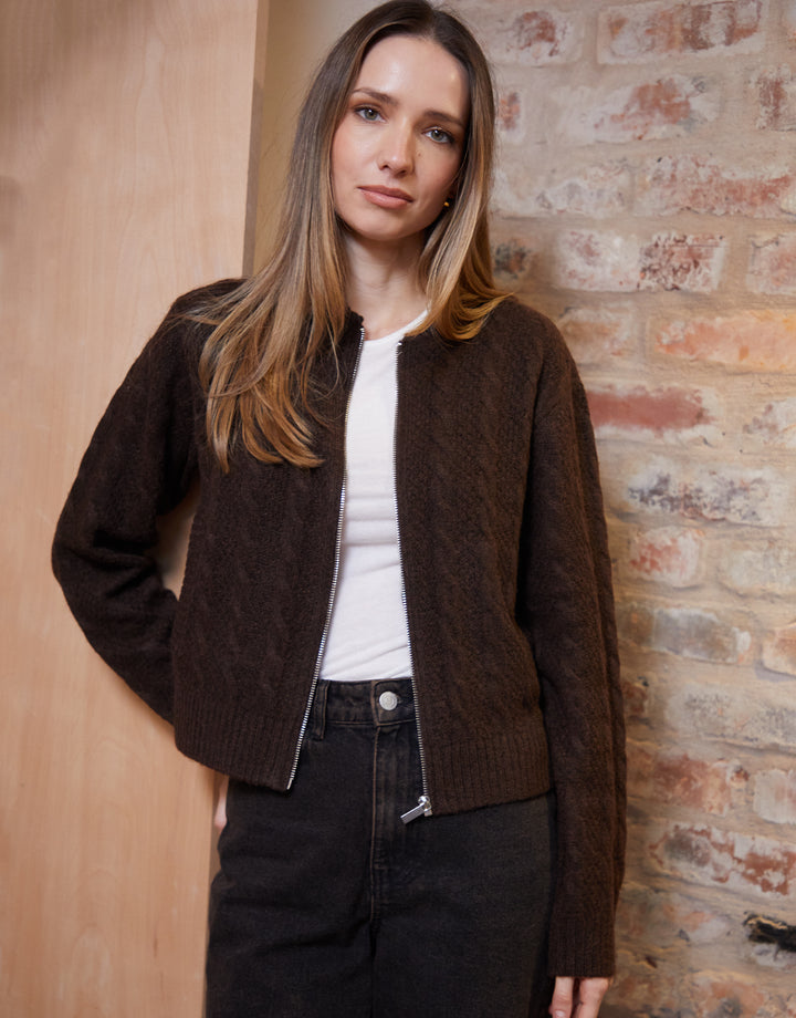 Chocolate Brown Cable Knit Zip-Up Bomber Jacket