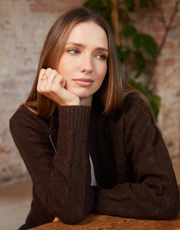 Chocolate Brown Cable Knit Zip-Up Bomber Jacket