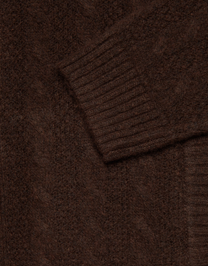 Chocolate Brown Cable Knit Zip-Up Bomber Jacket