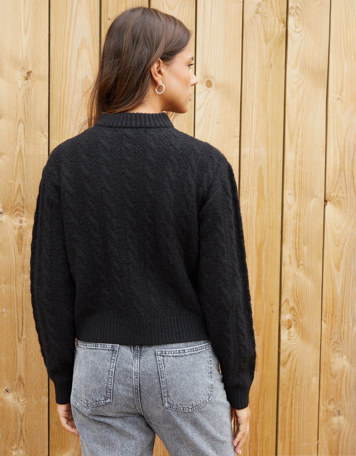 Black Cable Knit Zip-Up Bomber Jacket