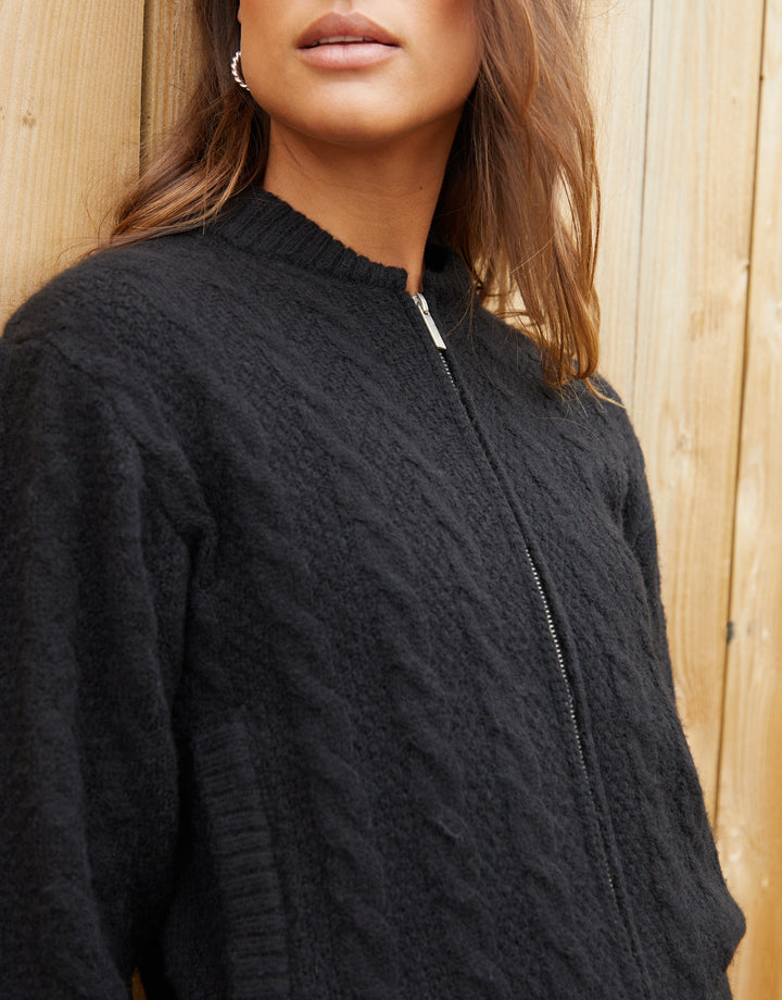 Black Cable Knit Zip-Up Bomber Jacket